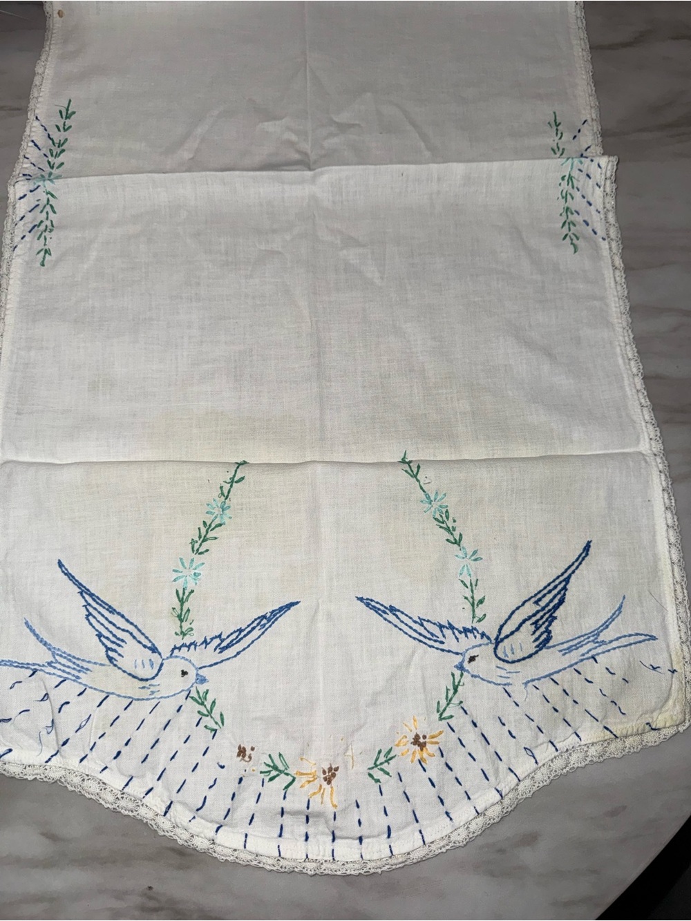 Vinatge blue bird embroidered table runner 
34” wide 16.5 tall lace edge